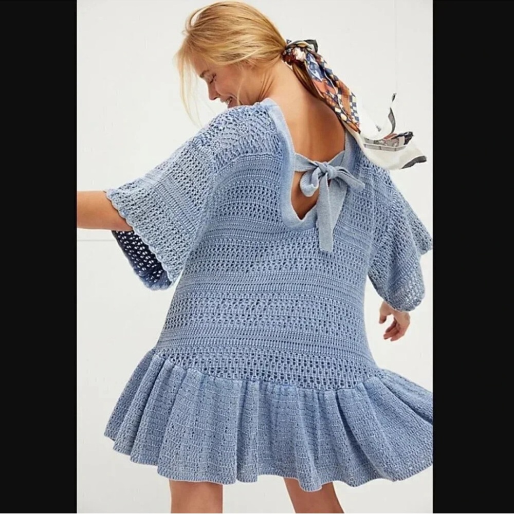 Free People Light Blue Crochet Ruffle Hem Mini Dress